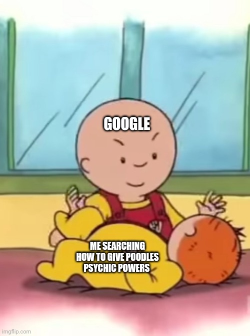 I wanna give my poodle psychic powers | GOOGLE; ME SEARCHING HOW TO GIVE POODLES PSYCHIC POWERS | image tagged in caillou pinching baby rosie | made w/ Imgflip meme maker