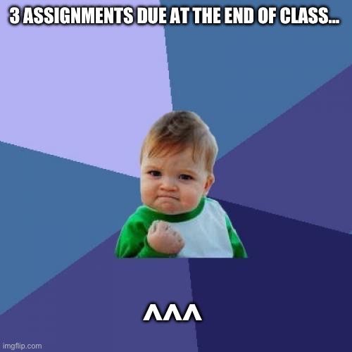 Success Kid | 3 ASSIGNMENTS DUE AT THE END OF CLASS…; ^^^ | image tagged in memes,success kid | made w/ Imgflip meme maker