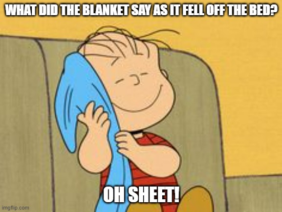 Daily Bad Dad Joke August 17,2023 | WHAT DID THE BLANKET SAY AS IT FELL OFF THE BED? OH SHEET! | image tagged in linus and his blanket | made w/ Imgflip meme maker