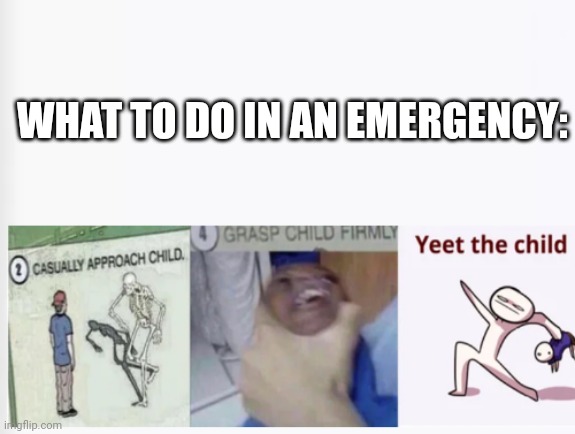 Casually Approach Child, Grasp Child Firmly, Yeet the Child | WHAT TO DO IN AN EMERGENCY: | image tagged in casually approach child grasp child firmly yeet the child | made w/ Imgflip meme maker