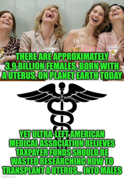 Why cure cancer or alheimers? When we can instead find a way to transplant a non-working uterus into a few dozen men? | THERE ARE APPROXIMATELY 3.9 BILLION FEMALES, BORN WITH A UTERUS, ON PLANET EARTH TODAY; YET ULTRA-LEFT AMERICAN MEDICAL ASSOCIATION BELIEVES TAXPAYER FUNDS SHOULD BE WASTED RESEARCHING HOW TO TRANSPLANT A UTERUS... INTO MALES | image tagged in laughing women,refund,liberal logic,task failed successfully,liberal hypocrisy,wtf | made w/ Imgflip meme maker