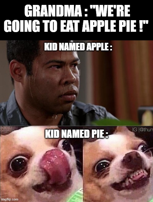An apple pie story | GRANDMA : "WE'RE GOING TO EAT APPLE PIE !"; KID NAMED APPLE :; KID NAMED PIE : | image tagged in sweating bullets,hungry dog | made w/ Imgflip meme maker