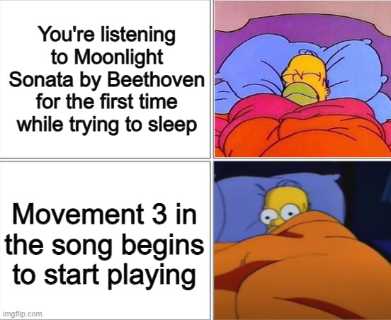 It's a massive vibe-change 0-0 | You're listening to Moonlight Sonata by Beethoven for the first time while trying to sleep; Movement 3 in the song begins to start playing | image tagged in homer simpson sleeping | made w/ Imgflip meme maker