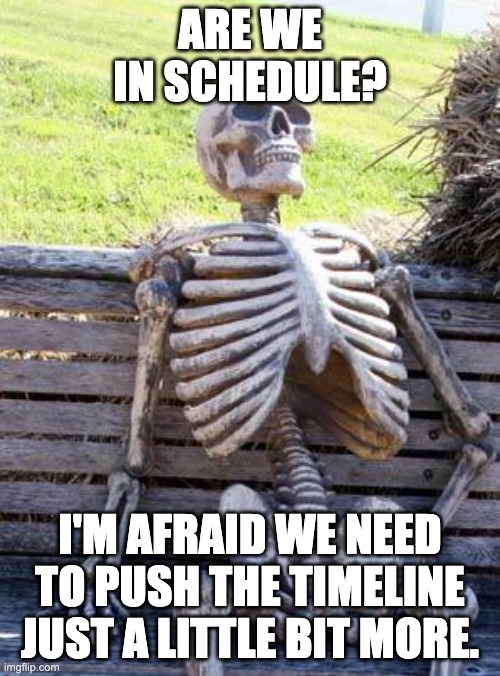 Pushing timeline | ARE WE IN SCHEDULE? I'M AFRAID WE NEED TO PUSH THE TIMELINE JUST A LITTLE BIT MORE. | image tagged in memes,waiting skeleton | made w/ Imgflip meme maker