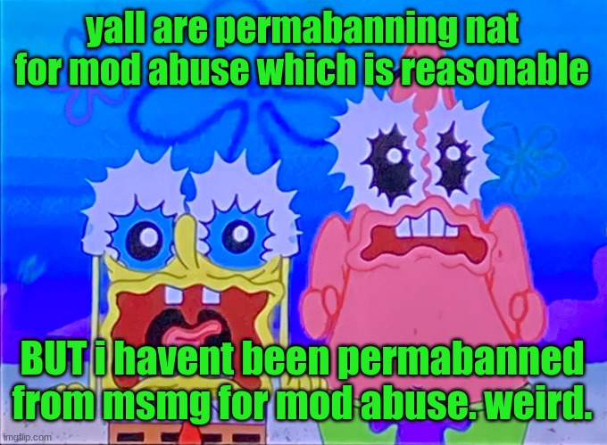 Scare spongboob and patrichard | yall are permabanning nat for mod abuse which is reasonable; BUT i havent been permabanned from msmg for mod abuse. weird. | image tagged in scare spongboob and patrichard | made w/ Imgflip meme maker