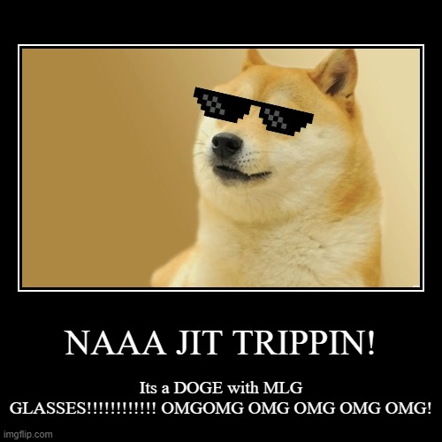 Doge. | NAAA JIT TRIPPIN! | Its a DOGE with MLG GLASSES!!!!!!!!!!!! OMGOMG OMG OMG OMG OMG! | image tagged in funny,demotivationals | made w/ Imgflip demotivational maker
