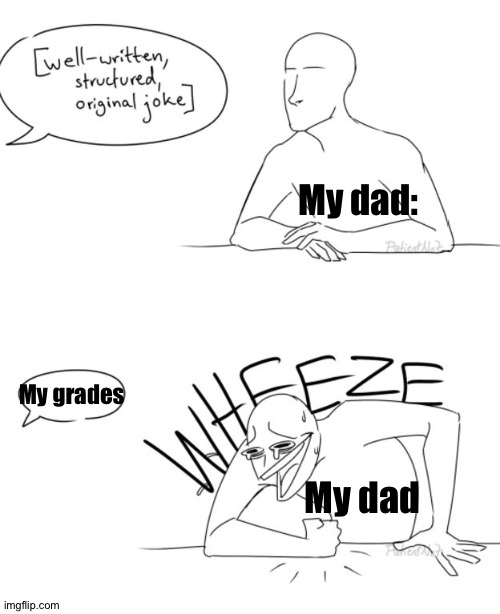Is your dad like this too? | My dad:; My grades; My dad | image tagged in wheeze | made w/ Imgflip meme maker
