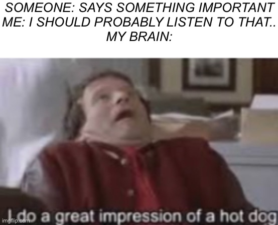 Oh my god- I DONT CARE | SOMEONE: SAYS SOMETHING IMPORTANT
ME: I SHOULD PROBABLY LISTEN TO THAT..
MY BRAIN: | image tagged in memes,hot dog,brain | made w/ Imgflip meme maker