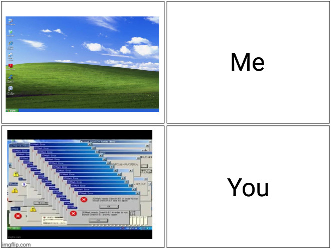 Windows XP normal vs error desktop | Me You | image tagged in windows xp normal vs error desktop | made w/ Imgflip meme maker