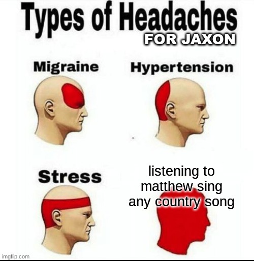 gc #8 | FOR JAXON; listening to matthew sing any country song | image tagged in types of headaches meme | made w/ Imgflip meme maker