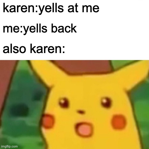 Surprised Pikachu | karen:yells at me; me:yells back; also karen: | image tagged in memes,surprised pikachu | made w/ Imgflip meme maker