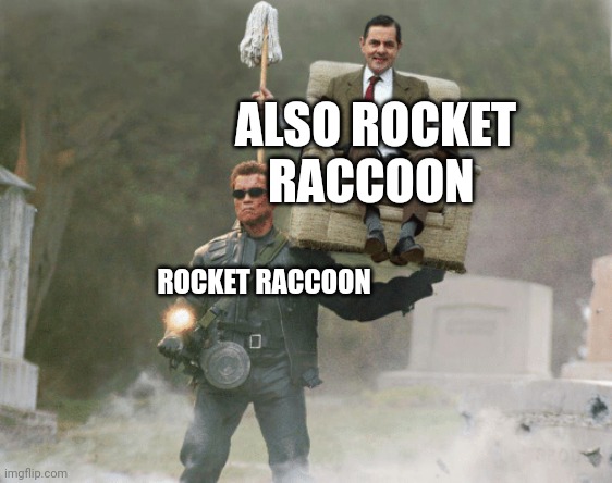 I think this describes Rocket perfectly | ALSO ROCKET RACCOON; ROCKET RACCOON | image tagged in arnold schwarzenegger mr bean,marvel,guardians of the galaxy,rocket raccoon | made w/ Imgflip meme maker