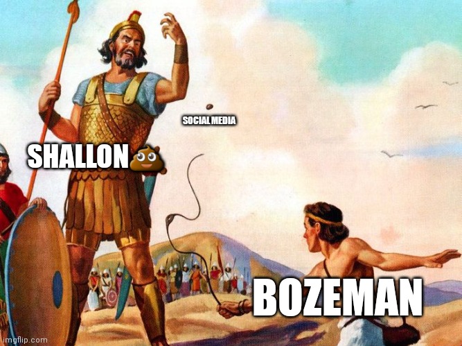 David and Goliath | SOCIAL MEDIA; SHALLON💩; BOZEMAN | image tagged in david and goliath | made w/ Imgflip meme maker