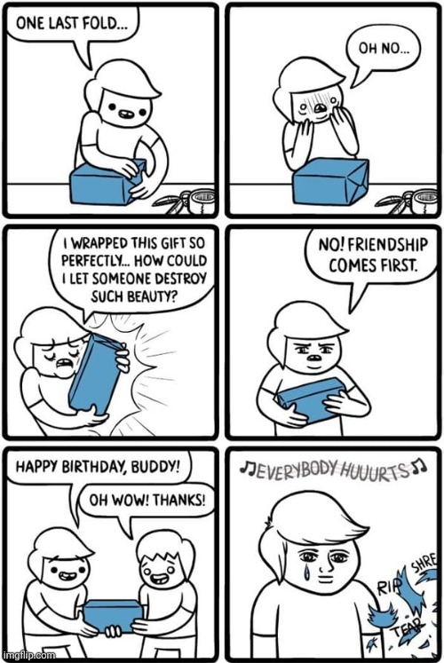 The gift | image tagged in comics,comics/cartoons,friendship,birthday,present,gift | made w/ Imgflip meme maker