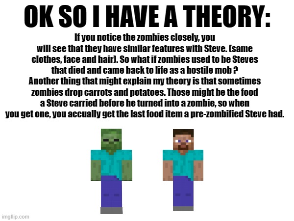 A theory I made about the zombies | OK SO I HAVE A THEORY:; If you notice the zombies closely, you will see that they have similar features with Steve. (same clothes, face and hair). So what if zombies used to be Steves that died and came back to life as a hostile mob ? Another thing that might explain my theory is that sometimes zombies drop carrots and potatoes. Those might be the food a Steve carried before he turned into a zombie, so when you get one, you accually get the last food item a pre-zombified Steve had. | made w/ Imgflip meme maker