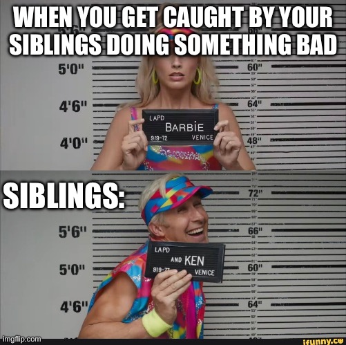 Siblings | WHEN YOU GET CAUGHT BY YOUR SIBLINGS DOING SOMETHING BAD; SIBLINGS: | image tagged in barbie jail | made w/ Imgflip meme maker