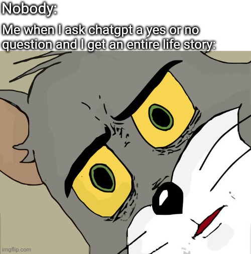 Image Title | Nobody:; Me when I ask chatgpt a yes or no question and I get an entire life story: | image tagged in memes,unsettled tom,funny | made w/ Imgflip meme maker