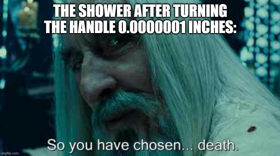 So you have chosen death | THE SHOWER AFTER TURNING THE HANDLE 0.0000001 INCHES: | image tagged in so you have chosen death | made w/ Imgflip meme maker