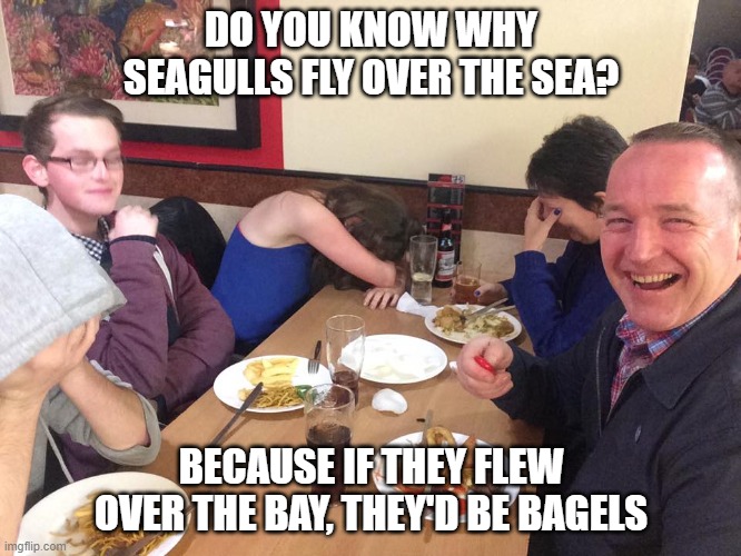 Seagulls | DO YOU KNOW WHY SEAGULLS FLY OVER THE SEA? BECAUSE IF THEY FLEW OVER THE BAY, THEY'D BE BAGELS | image tagged in dad joke meme | made w/ Imgflip meme maker