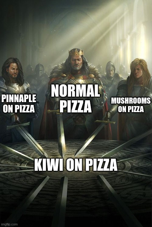 title here | NORMAL PIZZA; PINNAPLE ON PIZZA; MUSHROOMS ON PIZZA; KIWI ON PIZZA | image tagged in knights of the round table | made w/ Imgflip meme maker