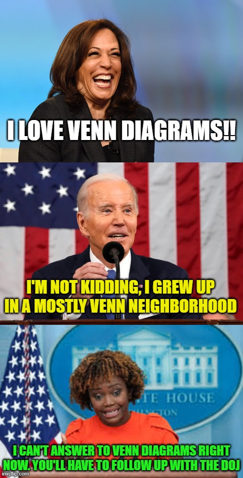 I LOVE VENN DIAGRAMS!! I'M NOT KIDDING, I GREW UP IN A MOSTLY VENN NEIGHBORHOOD I CAN'T ANSWER TO VENN DIAGRAMS RIGHT NOW. YOU'LL HAVE TO FO | image tagged in kamala harris laughing,biden speech on ufos,karine jean-pierre | made w/ Imgflip meme maker