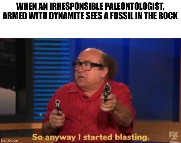 How many fossils were destroyed by carelessness?!?!? | WHEN AN IRRESPONSIBLE PALEONTOLOGIST, ARMED WITH DYNAMITE SEES A FOSSIL IN THE ROCK | image tagged in so anyway i started blasting | made w/ Imgflip meme maker