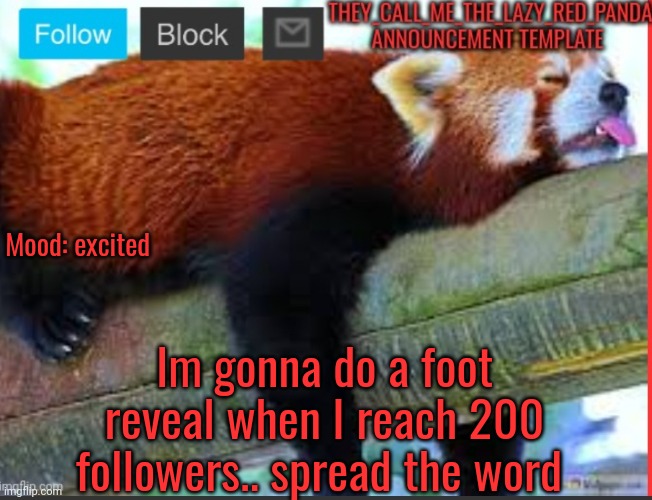 Fr | Mood: excited; Im gonna do a foot reveal when I reach 200 followers.. spread the word | image tagged in they_call_me_the_lazy_red_panda new announcement template,memes | made w/ Imgflip meme maker