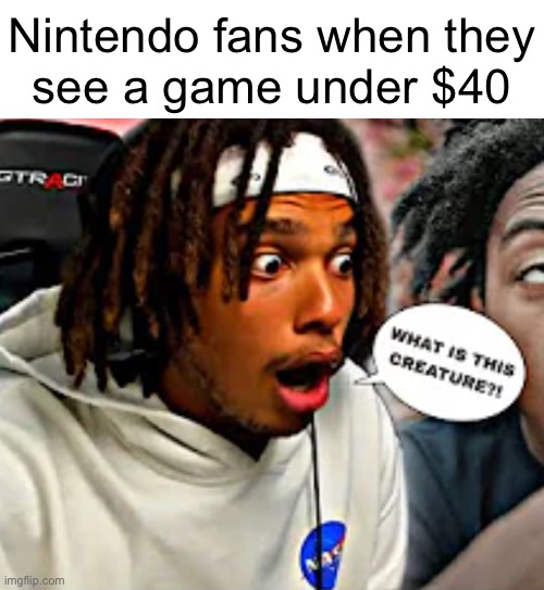 Nintendo fans when they
see a game under $40 | image tagged in what is this creature | made w/ Imgflip meme maker