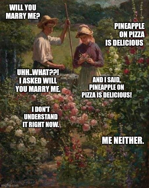 Clearly communicated boundaries | PINEAPPLE ON PIZZA IS DELICIOUS; WILL YOU MARRY ME? UHH..WHAT??! I ASKED WILL YOU MARRY ME. AND I SAID, PINEAPPLE ON PIZZA IS DELICIOUS! I DON'T UNDERSTAND IT RIGHT NOW. ME NEITHER. | image tagged in true love,pizza | made w/ Imgflip meme maker