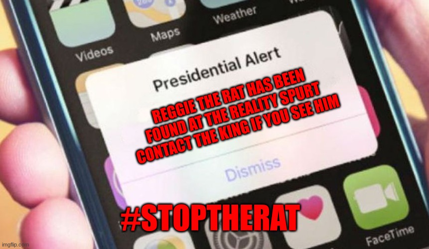 Presidential Alert | REGGIE THE RAT HAS BEEN FOUND AT THE REALITY SPURT CONTACT THE KING IF YOU SEE HIM; #STOPTHERAT | image tagged in memes,presidential alert | made w/ Imgflip meme maker