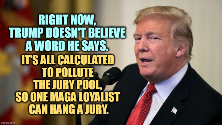 Don the Con is playing you again. | RIGHT NOW, TRUMP DOESN'T BELIEVE A WORD HE SAYS. IT'S ALL CALCULATED 
TO POLLUTE 
THE JURY POOL, 
SO ONE MAGA LOYALIST 
CAN HANG A JURY. | image tagged in don the con calculates - trump eye slide,don the con,liar,jury duty,pollution | made w/ Imgflip meme maker