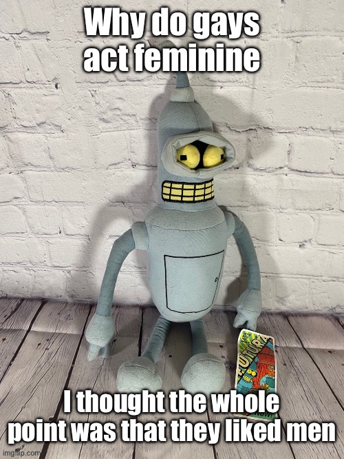 Bender plush | Why do gays act feminine; I thought the whole point was that they liked men | image tagged in bunder plush | made w/ Imgflip meme maker