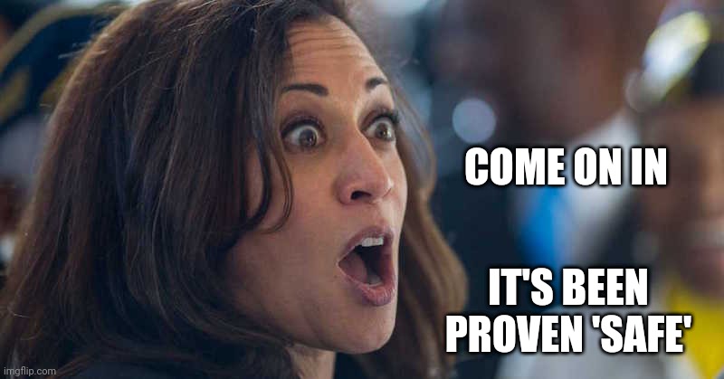 kamala harriss | COME ON IN IT'S BEEN PROVEN 'SAFE' | image tagged in kamala harriss | made w/ Imgflip meme maker