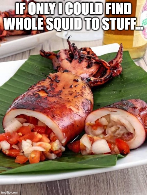 Stuffed Squid | IF ONLY I COULD FIND WHOLE SQUID TO STUFF... | image tagged in food | made w/ Imgflip meme maker