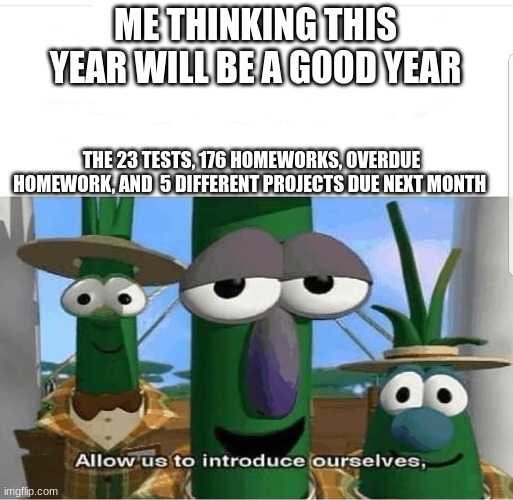 Allow us to introduce ourselves | ME THINKING THIS YEAR WILL BE A GOOD YEAR; THE 23 TESTS, 176 HOMEWORKS, OVERDUE HOMEWORK, AND  5 DIFFERENT PROJECTS DUE NEXT MONTH | image tagged in allow us to introduce ourselves | made w/ Imgflip meme maker