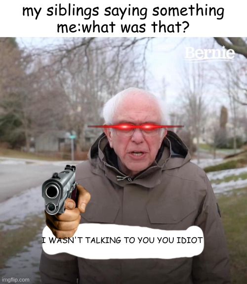 who can relate | my siblings saying something
me:what was that? I WASN'T TALKING TO YOU YOU IDIOT | image tagged in memes,bernie i am once again asking for your support | made w/ Imgflip meme maker