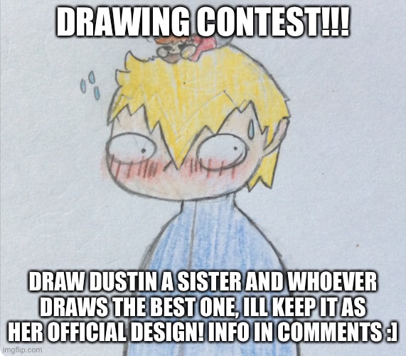 Dustin is the character in the image | DRAWING CONTEST!!! DRAW DUSTIN A SISTER AND WHOEVER DRAWS THE BEST ONE, ILL KEEP IT AS HER OFFICIAL DESIGN! INFO IN COMMENTS :] | image tagged in blushie dustie,contest | made w/ Imgflip meme maker