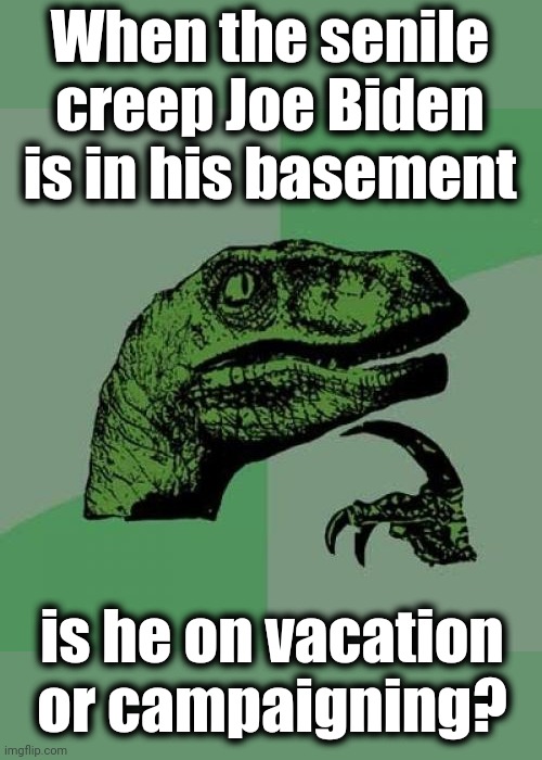 Philosoraptor | When the senile creep Joe Biden is in his basement; is he on vacation or campaigning? | image tagged in memes,philosoraptor,joe biden,election 2024,democrats,basement | made w/ Imgflip meme maker