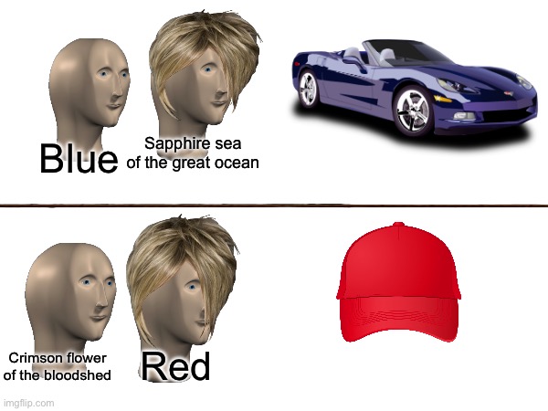 Another GVB meme | Sapphire sea of the great ocean; Blue; Crimson flower of the bloodshed; Red | image tagged in funny,girls vs boys | made w/ Imgflip meme maker