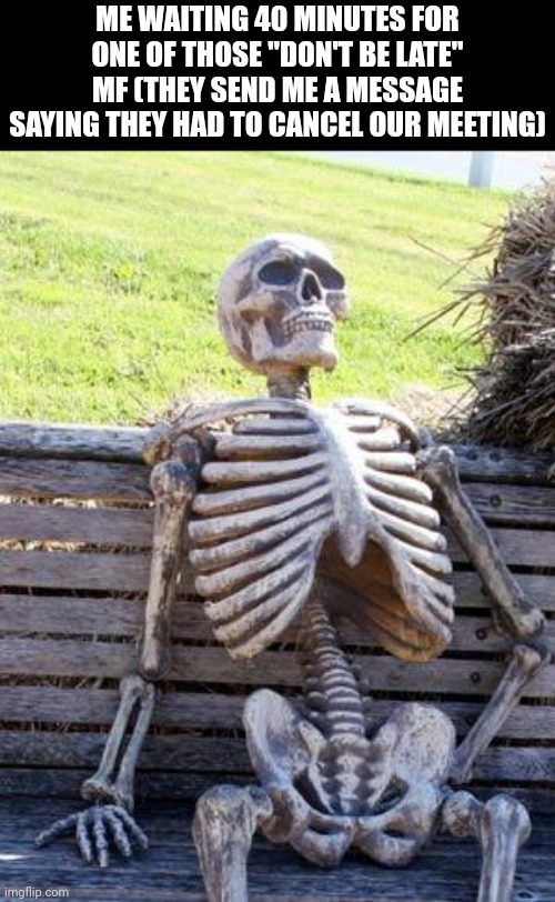 Worst thing is that out there it's 40°C | ME WAITING 40 MINUTES FOR ONE OF THOSE "DON'T BE LATE" MF (THEY SEND ME A MESSAGE SAYING THEY HAD TO CANCEL OUR MEETING) | image tagged in memes,waiting skeleton,relatable | made w/ Imgflip meme maker