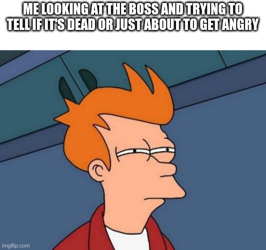 Futurama Fry Meme | ME LOOKING AT THE BOSS AND TRYING TO TELL IF IT'S DEAD OR JUST ABOUT TO GET ANGRY | image tagged in memes,futurama fry,boss fight,boss | made w/ Imgflip meme maker