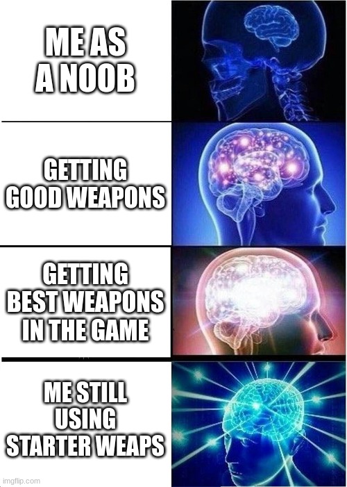 Expanding Brain | ME AS A NOOB; GETTING GOOD WEAPONS; GETTING BEST WEAPONS IN THE GAME; ME STILL USING STARTER WEAPS | image tagged in memes,expanding brain | made w/ Imgflip meme maker