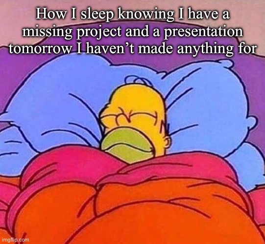 Sleep is the best way to avoid school work | How I sleep knowing I have a missing project and a presentation tomorrow I haven’t made anything for | image tagged in homer simpson sleeping peacefully | made w/ Imgflip meme maker