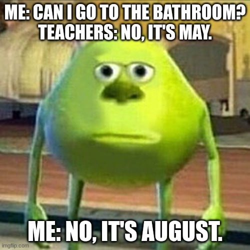 Mike wazowski derp meme | ME: CAN I GO TO THE BATHROOM?
TEACHERS: NO, IT'S MAY. ME: NO, IT'S AUGUST. | image tagged in mike wazowski derp meme | made w/ Imgflip meme maker