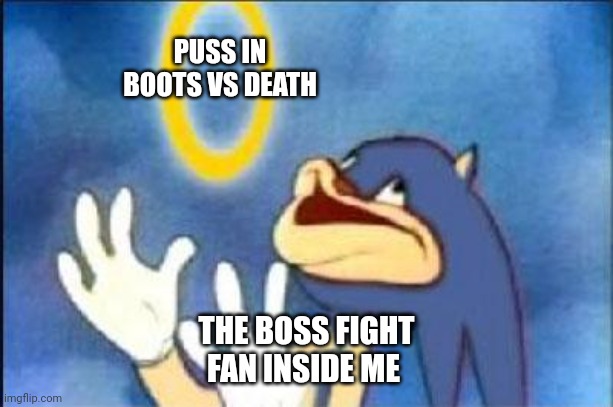 Puss in boots fighting death was the most awesome movie scene in recent memory | PUSS IN BOOTS VS DEATH; THE BOSS FIGHT FAN INSIDE ME | image tagged in sonic derp,boss fight,puss in boots,showdown | made w/ Imgflip meme maker