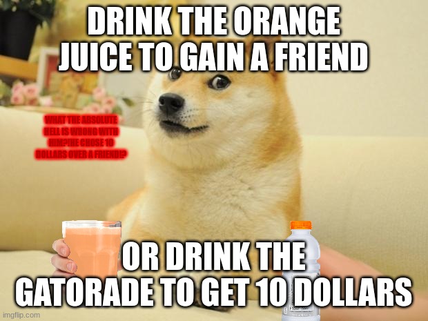 No,he just REALLY likes gatorade.......ALOT! | DRINK THE ORANGE JUICE TO GAIN A FRIEND; WHAT THE ABSOLUTE HELL IS WRONG WITH HIM?!HE CHOSE 10 DOLLARS OVER A FRIEND!? OR DRINK THE GATORADE TO GET 10 DOLLARS | image tagged in memes,doge 2 | made w/ Imgflip meme maker