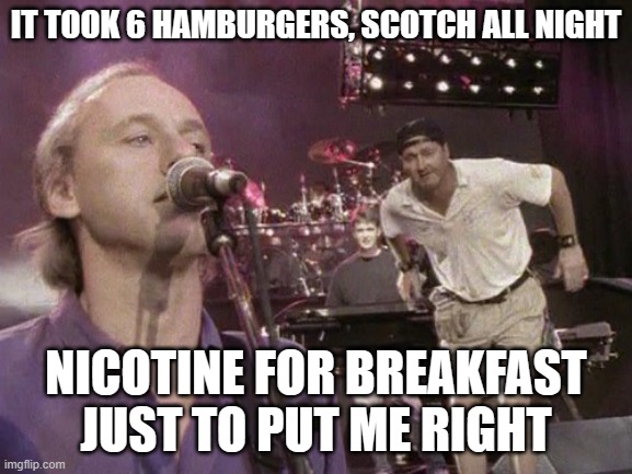 IT TOOK 6 HAMBURGERS, SCOTCH ALL NIGHT NICOTINE FOR BREAKFAST JUST TO PUT ME RIGHT | made w/ Imgflip meme maker