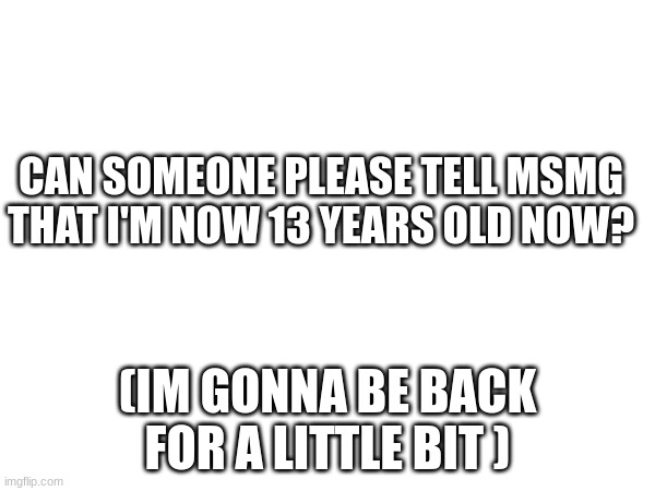sorry for bad grammar | CAN SOMEONE PLEASE TELL MSMG THAT I'M NOW 13 YEARS OLD NOW? (IM GONNA BE BACK FOR A LITTLE BIT ) | image tagged in stopmakingmeputtags | made w/ Imgflip meme maker