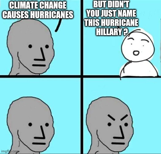 Whoops, There it Is | BUT DIDN'T YOU JUST NAME THIS HURRICANE
 HILLARY ? CLIMATE CHANGE CAUSES HURRICANES | image tagged in npc meme,leftists,green,climate change,liberals | made w/ Imgflip meme maker