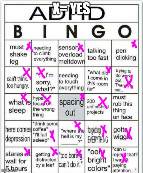 adhd bingo | X= YES | image tagged in adhd bingo | made w/ Imgflip meme maker